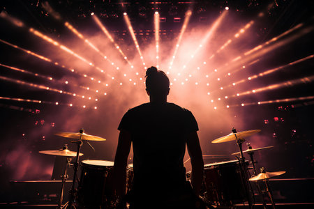 Silhouette of a male drummer in front of stage lights.の素材