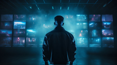 Silhouette of a man in a dark room with neon lights. The concept of cyberpunk.の素材