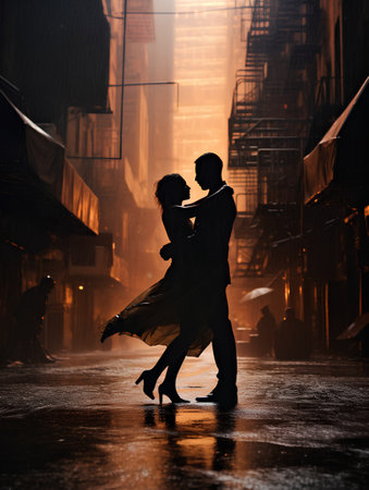 Couple dancing tango in a foggy street at night.の素材
