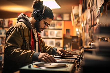 Hipster man playing music on turntable in music shopの素材
