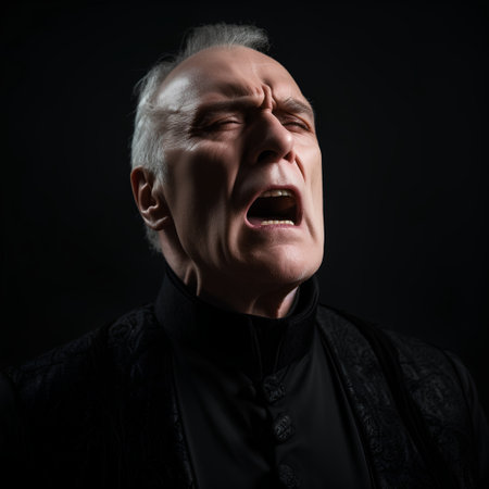 Portrait of a very angry senior man on a dark background.の素材