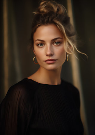 Portrait of a beautiful girl in a black dress on a dark backgroundの素材