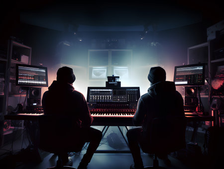 Back view of two young male sound engineers working in recording studio.の素材