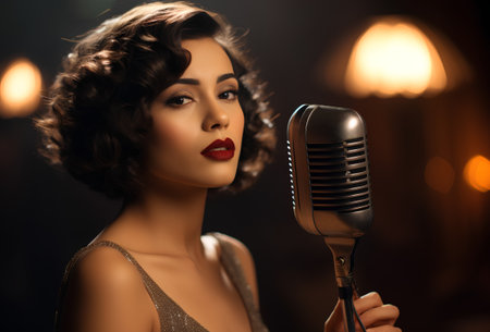 Beautiful young woman with retro microphone. Vintage style. Music.の素材