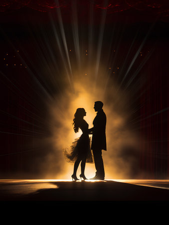 Silhouette of a loving couple dancing on stage with light raysの素材