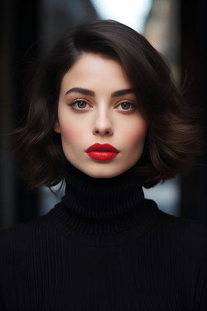Portrait of a beautiful young woman with red lips and hairstyle.の素材