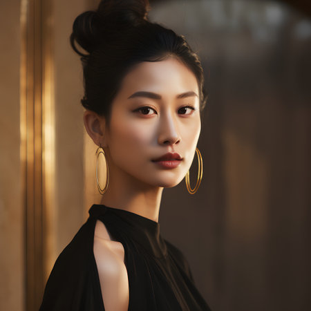Fashion portrait of young beautiful asian woman in black dress.の素材