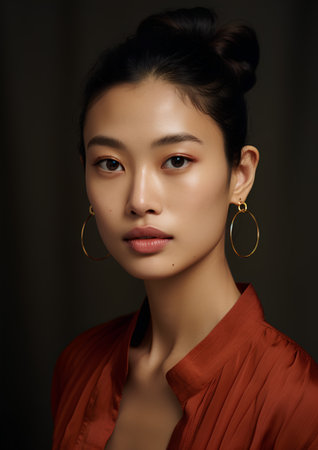 Beautiful young asian woman in red blouse and earringsの素材