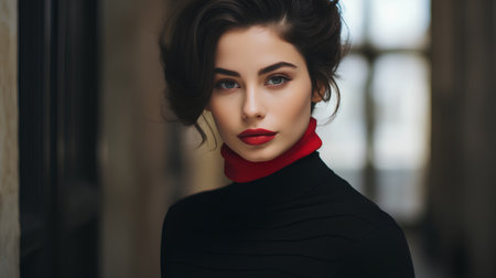 Portrait of beautiful young woman with red lips and elegant hairstyleの素材