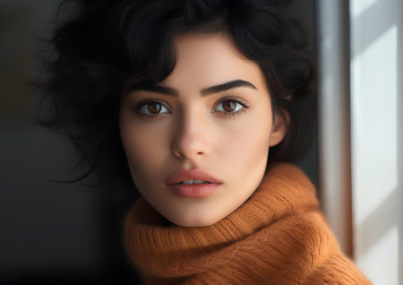 Portrait of a beautiful young woman in a warm sweater and scarfの素材