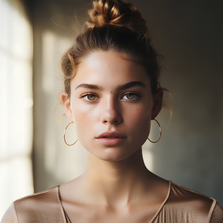 Portrait of a beautiful young woman with makeup and hairstyle.の素材