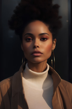 fashionable african american woman with afro hairstyle in beige coatの素材