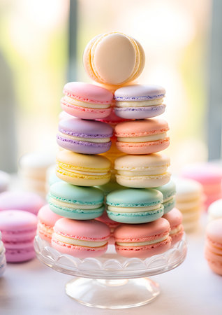 Colorful macaroons on a glass stand. Selective focus.の素材