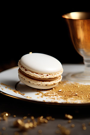 Macaroon on a plate with gold confetti on a black backgroundの素材