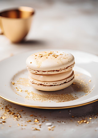French macaroon on a white plate with golden confetti.の素材