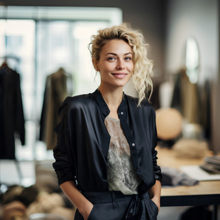 Portrait of a beautiful young fashion designer standing in her office.の素材