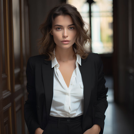 Portrait of a beautiful young business woman in black suit. Business concept.の素材