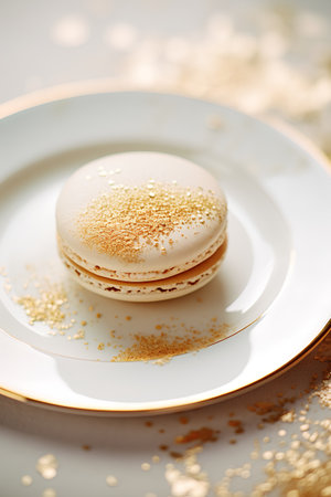Macaroon on white plate with golden confetti. Close upの素材