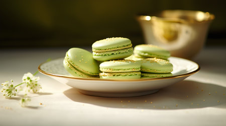 Green macaroons in a plate on a white table. Selective focus.の素材