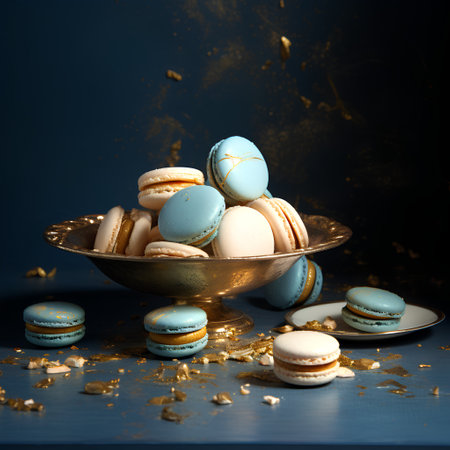 Colorful macaroons with gold confetti on blue background. Toned.の素材