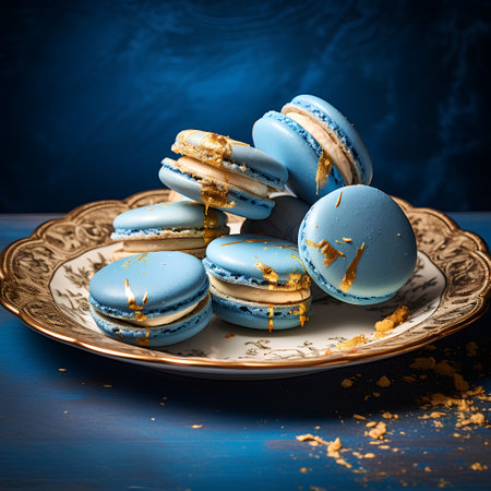 Blue macaroons on vintage plate on blue background. Toned.の素材