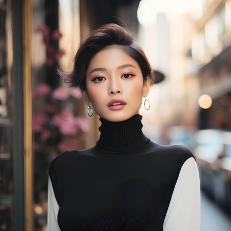 Portrait of a beautiful young asian woman in black dress.の素材