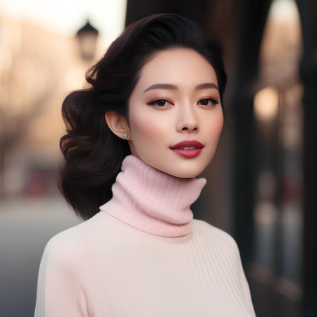 Portrait of beautiful asian woman wearing pink sweater and pink scarfの素材