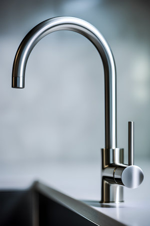 3D Illustration of a chrome faucet in a modern kitchenの素材