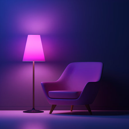 Purple armchair and floor lamp in purple room. Vector illustrationの素材