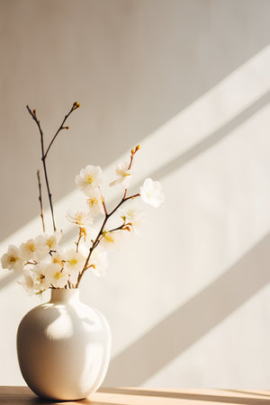 White japanese cherry blossom in vase on wooden table and wall backgroundの素材