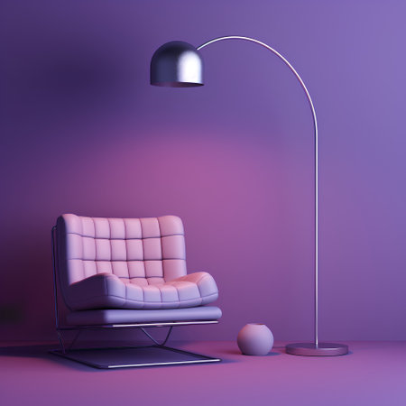 Pink armchair with a lamp on a purple background. 3d renderingの素材