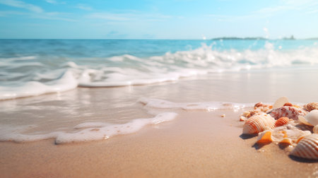 Beautiful tropical beach with sea shells and sand. Vacation conceptの素材