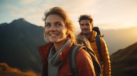 Couple hiking in the mountains at sunset. Man and woman with backpacks.の素材