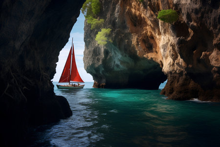 Beautiful seascape with red sailboat on the blue seaの素材