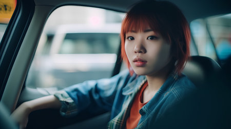 beautiful asian woman driving a car in the city, lifestyle people conceptの素材