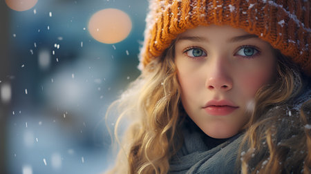 Portrait of a beautiful girl in a knitted hat and scarf on a background of a winter city.の素材