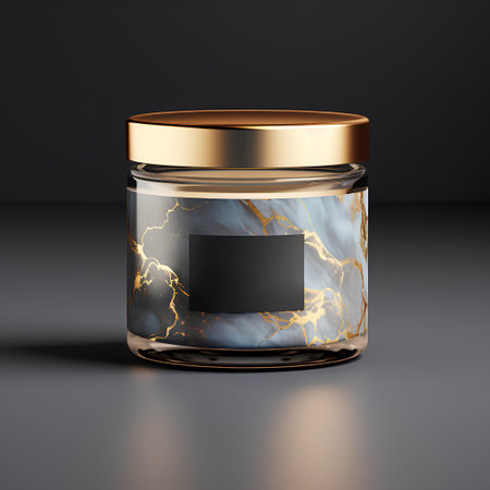 Mockup of a glass jar with gold marble texture. 3d renderingの素材