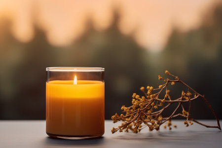 Burning candle in glass on wooden table with blurred nature background.の素材