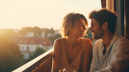 Young couple sitting on the balcony and looking out the window at sunsetの素材