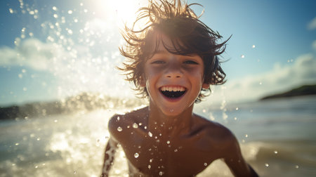 Portrait of a happy young boy splashing water on the beachの素材