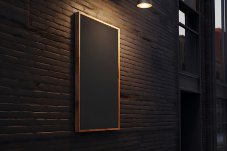 Blank black signboard hanging on brick wall. Mock up, 3D Renderingの素材