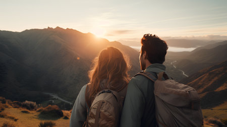 Back view of young couple with backpacks standing on top of a mountain and looking at sunsetの素材