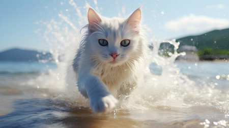 Cute white cat running on the beach and splashing water.の素材