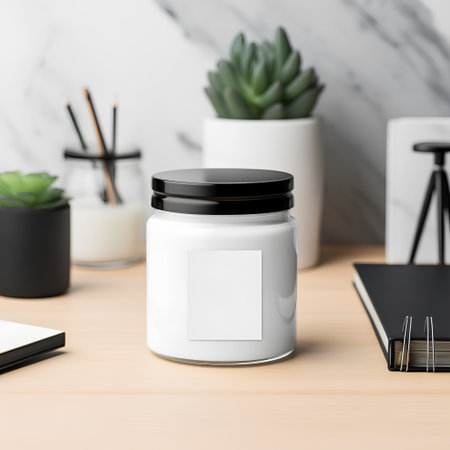 Mockup of a white plastic jar with a blank label standing on a wooden table. 3d rendering mock upの素材