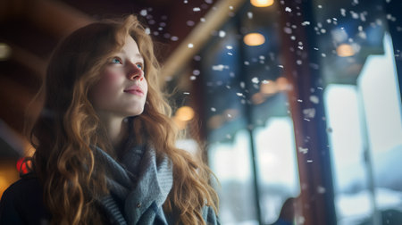 Portrait of a beautiful red-haired girl in a winter cafeの素材