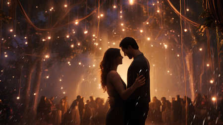 Couple in love dancing on a background of a night city.の素材