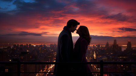 Silhouette of a loving couple on the balcony overlooking the city at sunsetの素材