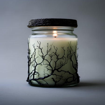 Candle in glass jar with dead tree on grey background. Halloween concept.の素材