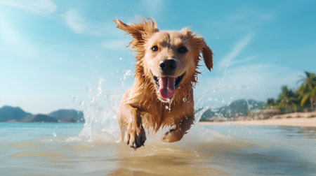 Cute golden retriever dog running in the water on the beachの素材