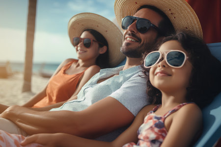 Beautiful young family is resting on a hammock on the beach.の素材